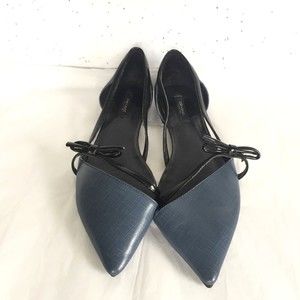 Zara Blue Linen Texture Pointed toe Flats Black Patent Bow - Size 10 d'Orsay